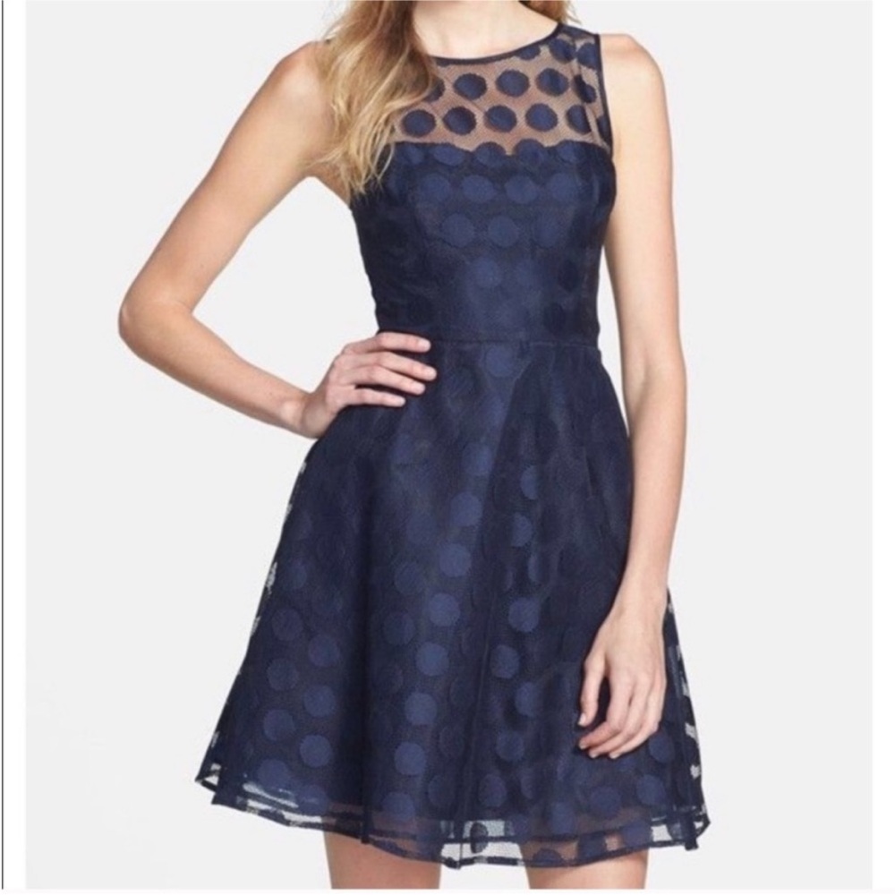 Betsey Johnson Polka Dot Illusion Fit & Flare Cocktail Dress in Black Retro - Picture 3 of 14